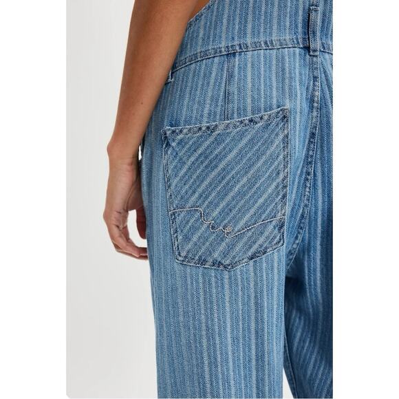 Free People Ziggy Striped Overalls Beachcomber Railroad Bohemian Coastal Medium - Picture 4 of 13